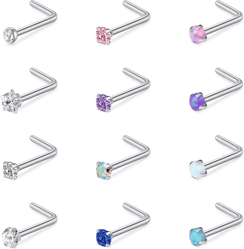 Mayhoop 20G Nose Rings Studs 316L Surgical Stainless Steel L Shape Bone Diamond Heart Corkscrew Nose Ring Nostril Piercing Jewelry For Women Men - Image 1